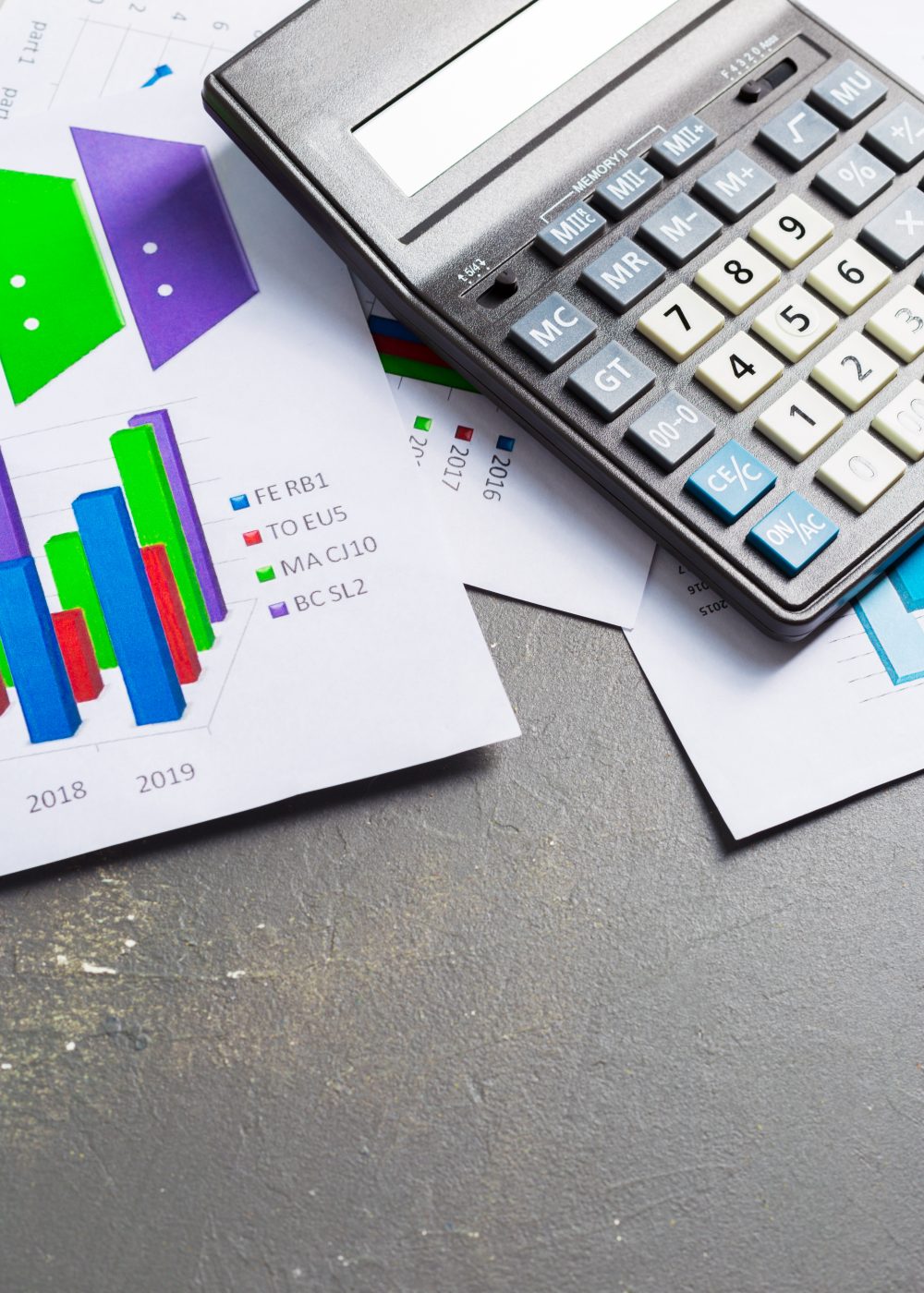Checking accounting report on business table. Calculator